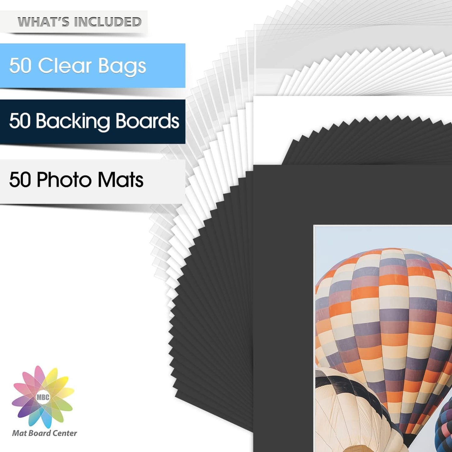 Mat Board Center, Pack of 50, 8x10 for 5x7 Black Picture Mat Sets - Acid Free, 4-ply Thickness, Bevel Pre-Cut White Core - Includes Backing Boards and Clear Bags - for Pictures, Photos, Framing
