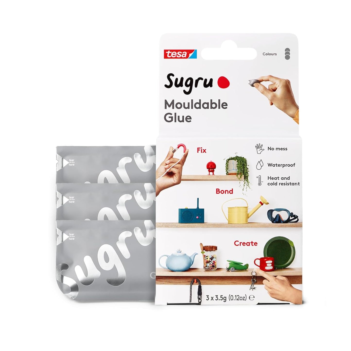 Tesa Sugru Super Glue - Waterproof Wood Glue for Home Improvement & Crafts - Use as a Poster Putty or Silicone Adhesive for Repairing & Bonding - 3 Pack - Gray (3.5g/ea)