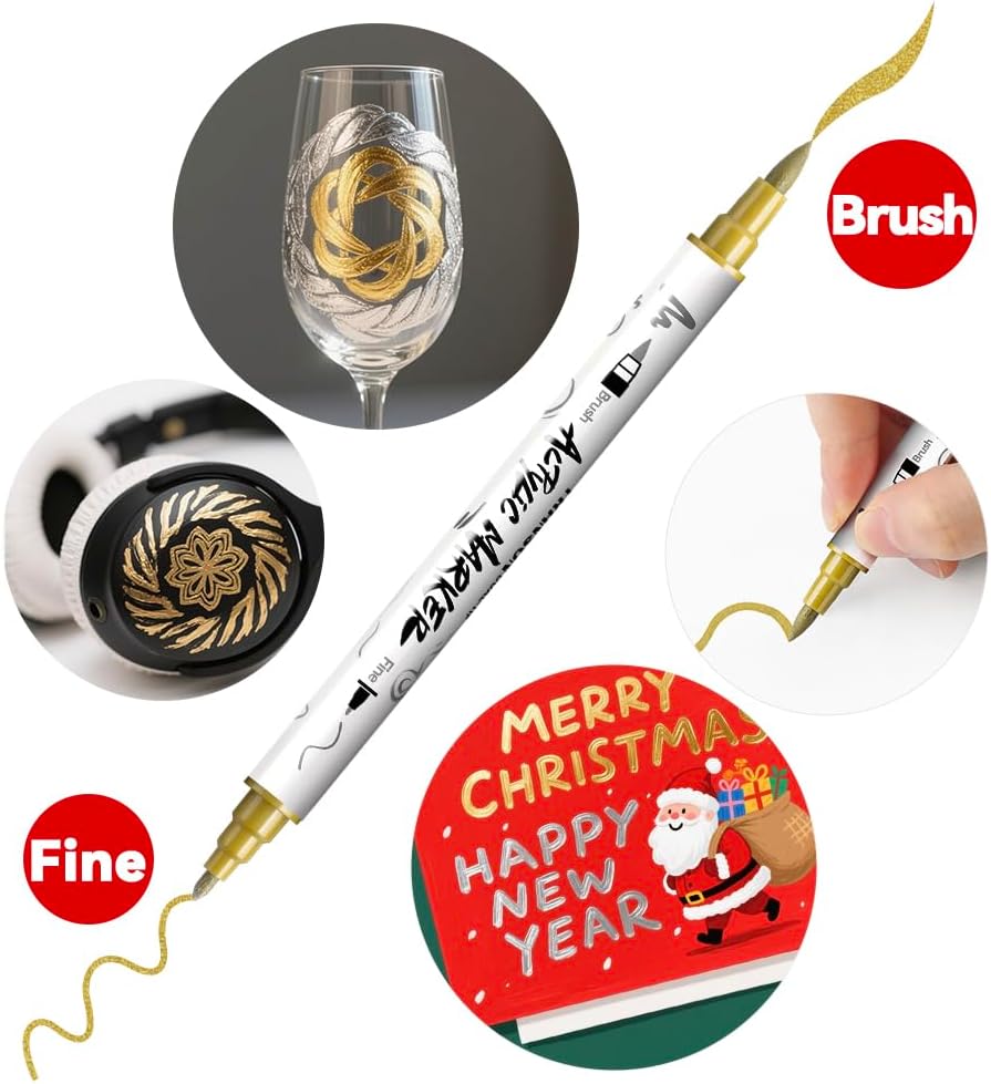 TRANSON 4 Gold and 4 Silver Paint Markers Brush and Fine Dual-tip Acrylic Paint Marker Set for Rock Painting Glass Canvas Wood Leather Ceramic Painting