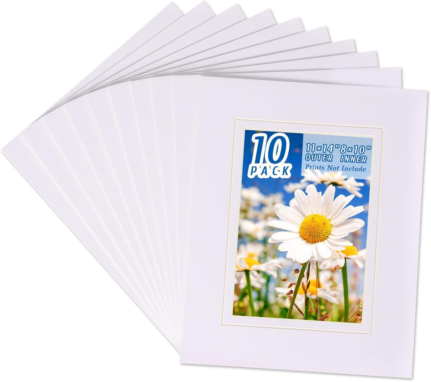 HOTUO 10 Pack Acid Free White Picture Frame Mats, Pre-Cut 11x14 Picture Mats with Ivory Core Bevel Cut for 8x10 Photo, Signature Friendly 4 Ply Thickness Photo Mat for Frames (White with V-Groove)
