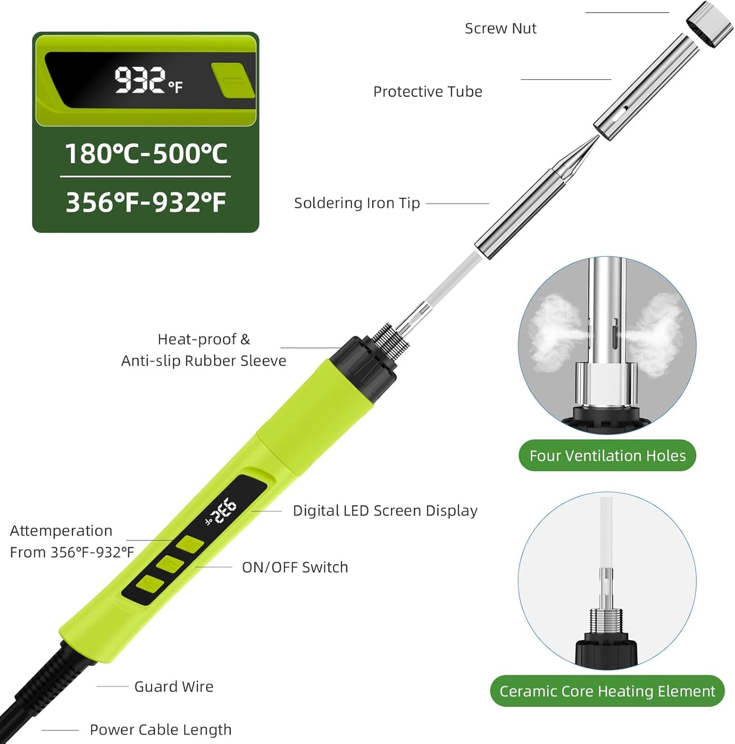 Soldering Iron Kit, 190W Soldering Gun, 110V LED Solder Kit for Electronics, Adjustable Temperature 356-932℉, Includes Solder Wire, Sucker, Tips, Stand, Tweezers, Paste and Solid Wood Box, Green