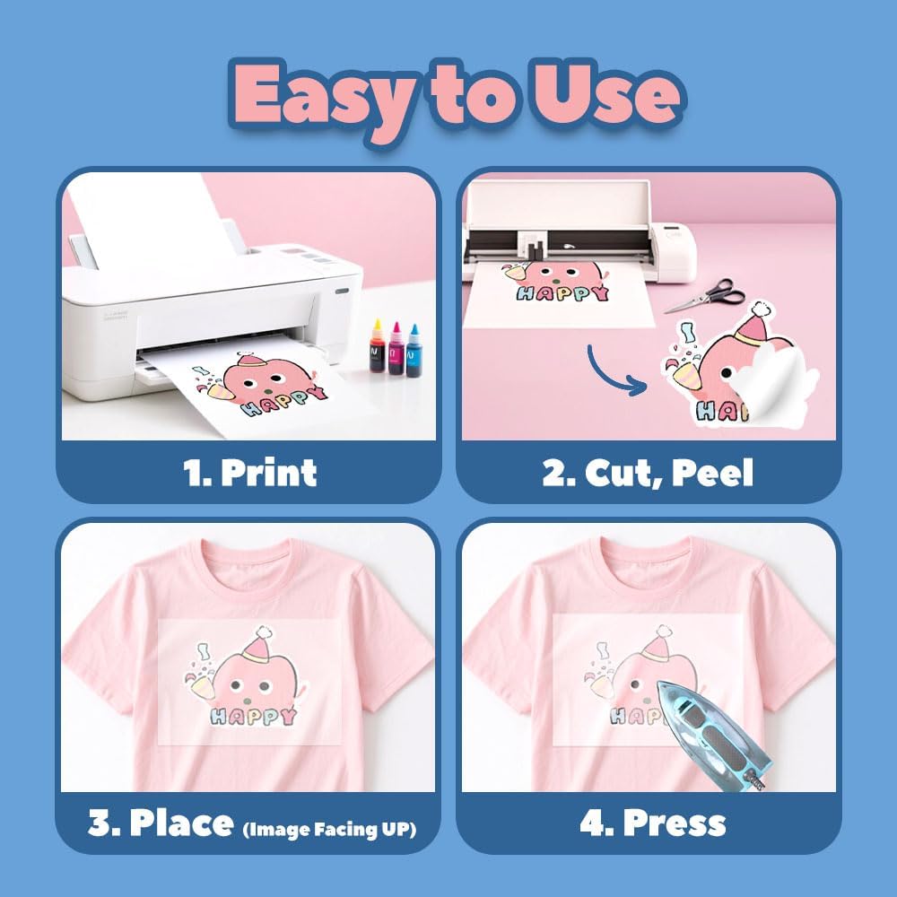 TranSmile PU-Heat Transfer Paper for T Shirts (40 Sheets, 8.5x11'', Light), Iron on Transfers for Light Fabric, Printable Heat Transfer Vinyl for Inkjet Printer