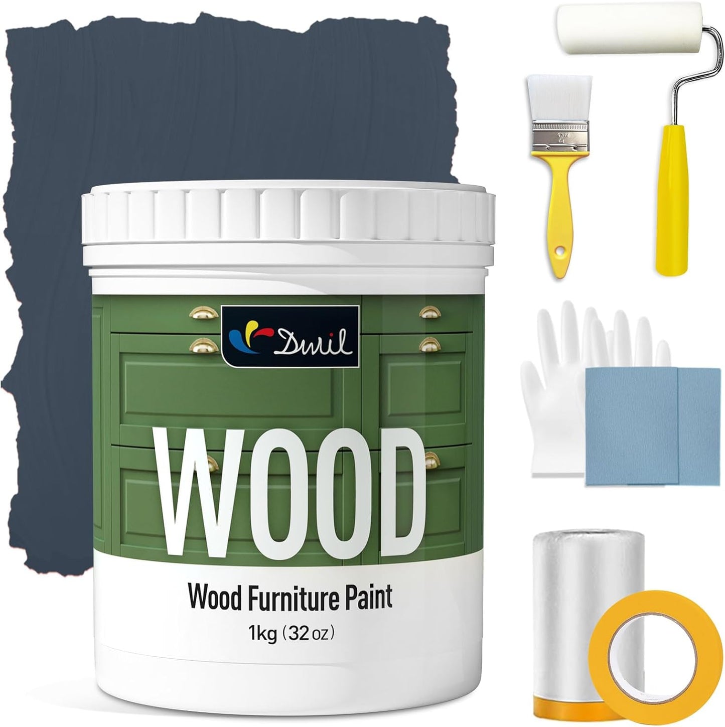 DWIL Matte Finish Furniture Paint - 32 Oz Wood Paint for Cabinets, Doors, Tables, and Dressers Refinishing - Water-Based, Non-Toxic & Odorless, Easy to Apply(Bronze Blue)-With Tools