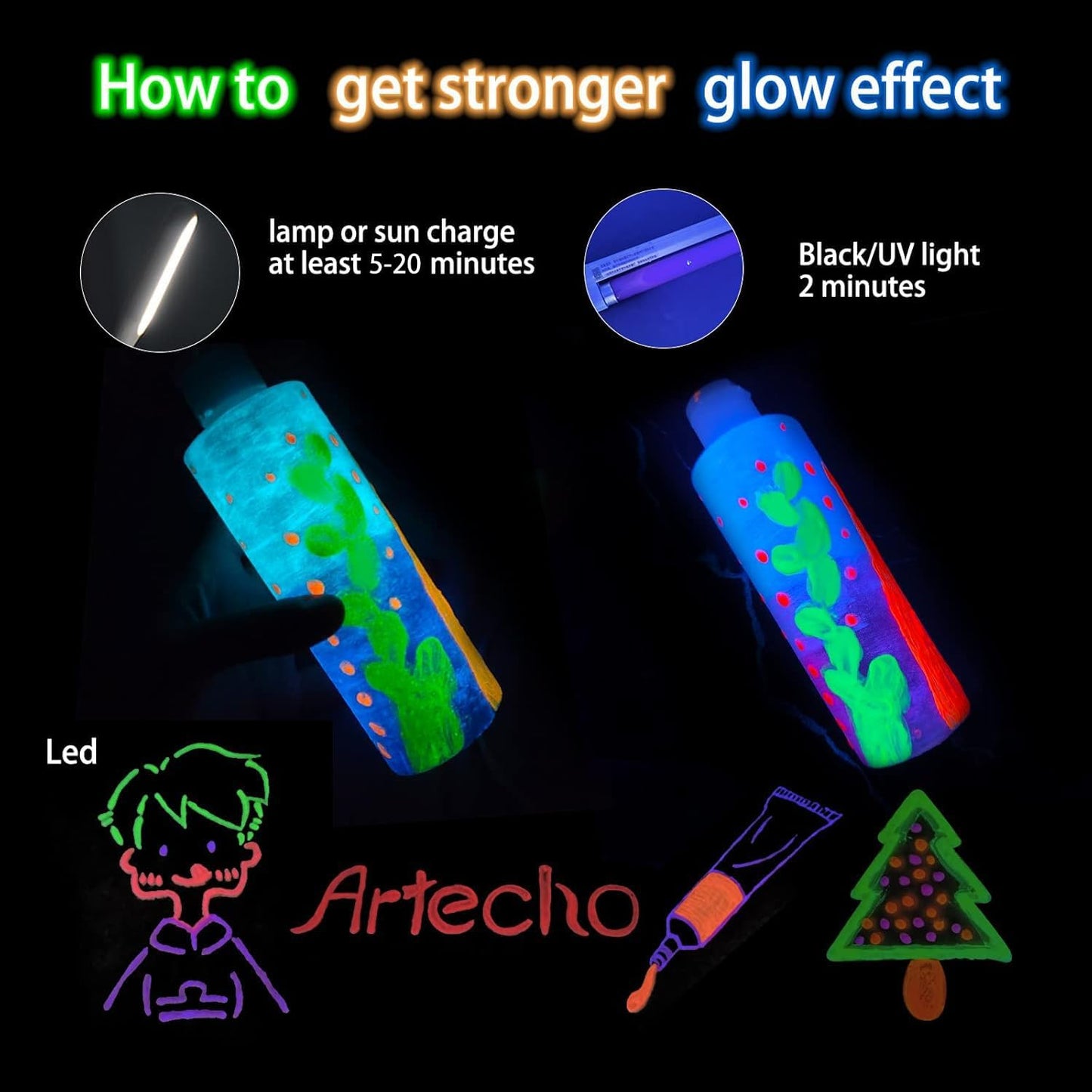 Artecho Glow in the Dark Paint, Neon Orange Paint (120ml / 4.05oz) Tubes, Art Craft Paints for Canvas, Rock, Stone, Wood, Fabric, Art Supplies