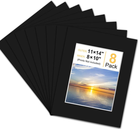 Phinus 8 Pack Picture Mats for Frames, Acid Free 11x14 Matted to 8x10, Picture Frame Mats for Pictures, Watercolor, Artwork and Prints (Black)