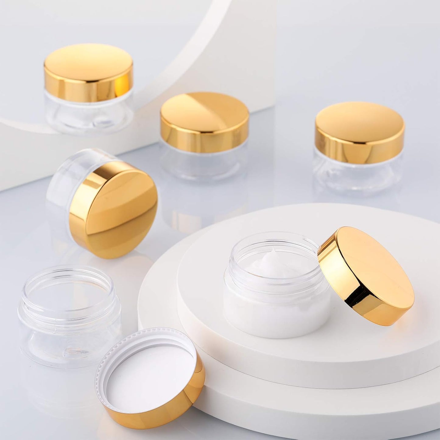 SATINIOR 12 Pack Plastic Container Jars with Lids Round Clear Travel Cosmetic Container Jars for Toiletries, Lotion, Cream, Ointments, Makeup, Rhinestone, Samples, Kitchen Storage(1 oz,Gold)