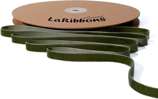 LaRibbons Thin Velvet Ribbon 3/8 Inch x 25 Yards, Moss Green Velvet Ribbon for Christmas Tree, Gift Wrapping, Wreath Bow, Outdoor Decoration