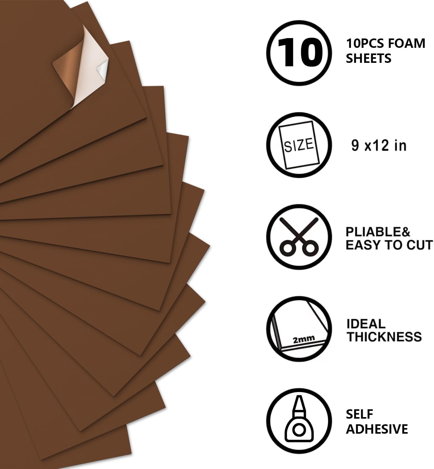 MEARCOOH Self Adhesive Foam Sheets, Brown 9x12 Inch 2mm Sticky Eva Foam Paper for Crafts Cardmaking Photo Frames Classroom Scrapbooking Christmas Crafts (Brown 10 Sheets)