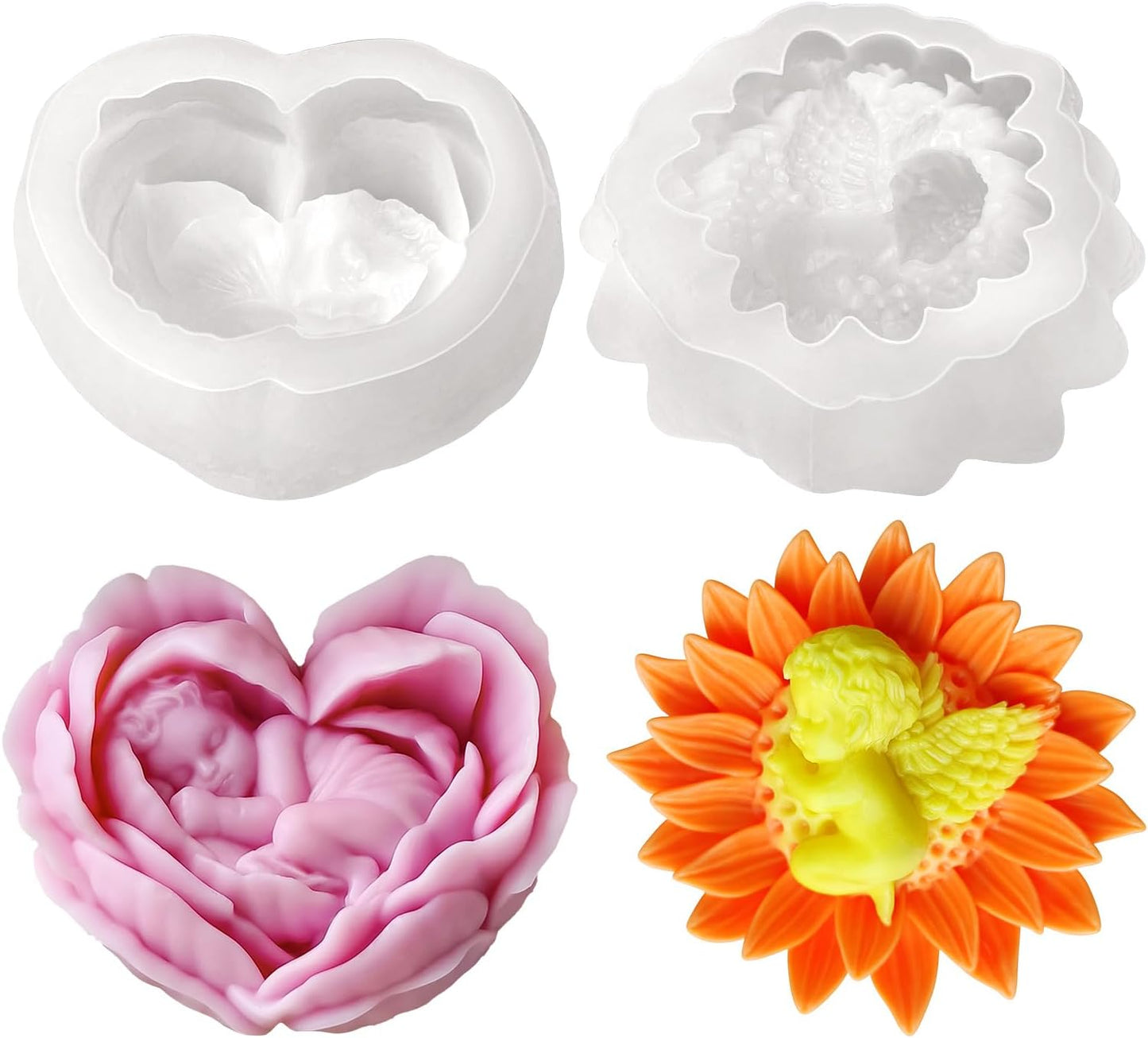 JDH 2PCS Flower Candle Molds,Heart Rose Candle Mold,3D Angel Baby in Sunflower Silicone Mold soap Silicone Molds for Home Decor Mother's Gift Baby Shower Wedding Decor