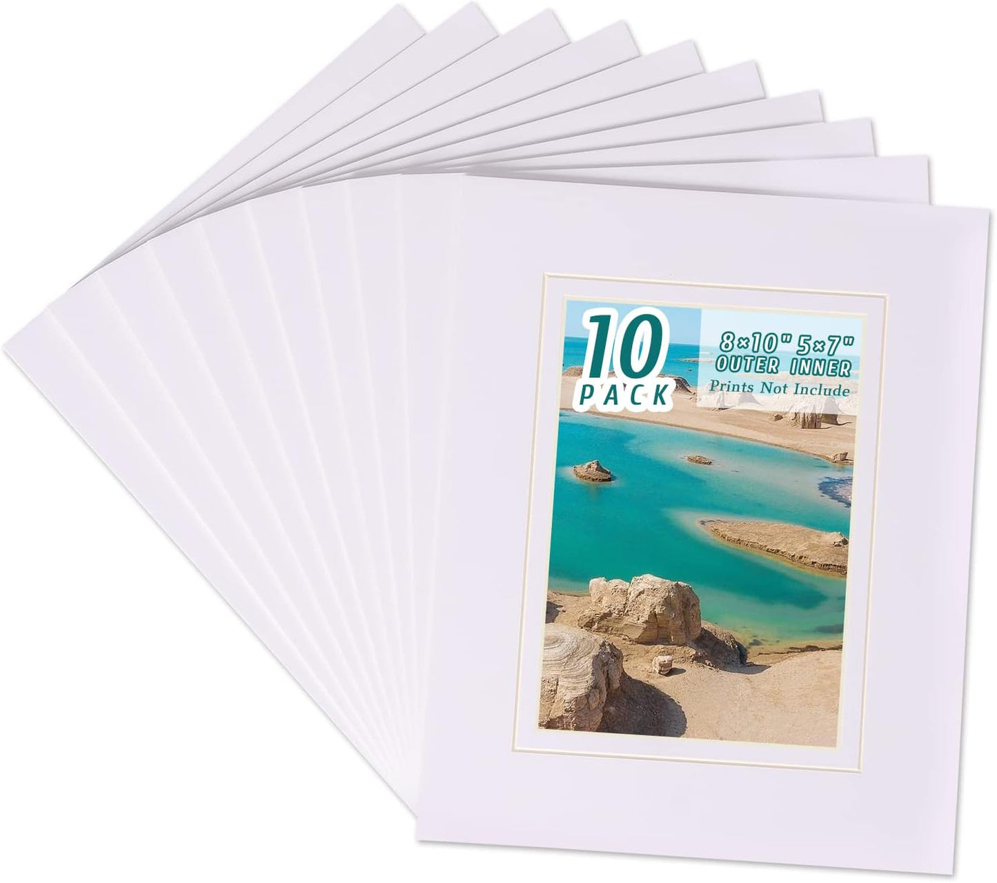 HOTUO 10 Pack Acid Free White Picture Frame Mats, Pre-Cut 8x10 Picture Mats with Ivory Core Bevel Cut for 5x7 Photo, Signature Friendly 4 Ply Thickness Photo Mat for Frames (White with V-Groove)