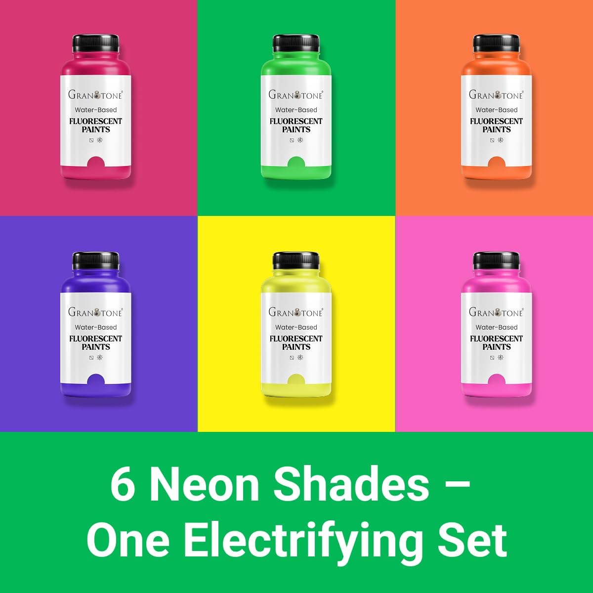 GRANOTONE Neon Fluorescent Acrylic Paint Set - 6 Colors, 4 oz Each | Glows in Black Light | Non-Toxic & Vibrant Paint | Ideal for Art, Crafts, Kids, & Hobbyists | Made in India