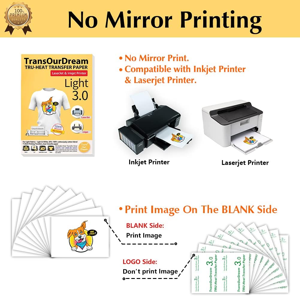 TransOurDream Tru-Heat Transfer Paper for Inkjet & Laserjet Printer (20 Sheets 8.5x11, 3.0) Printable HTV Heat Transfer Vinyl for T Shirts Iron on Transfers for Light Fabrics (TRANS-L3-1-20)