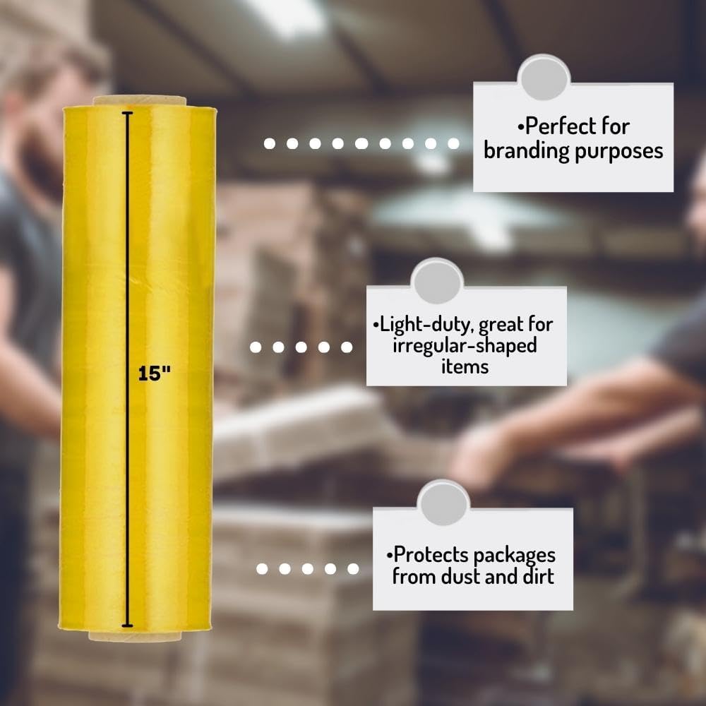 PSBM Yellow Stretch Wrap, 15 Inch x 1476 Feet, 72 Pack, Tinted Pre-Stretched Shrink Wrap Film for Moving, Packaging, Pallet Wrapping