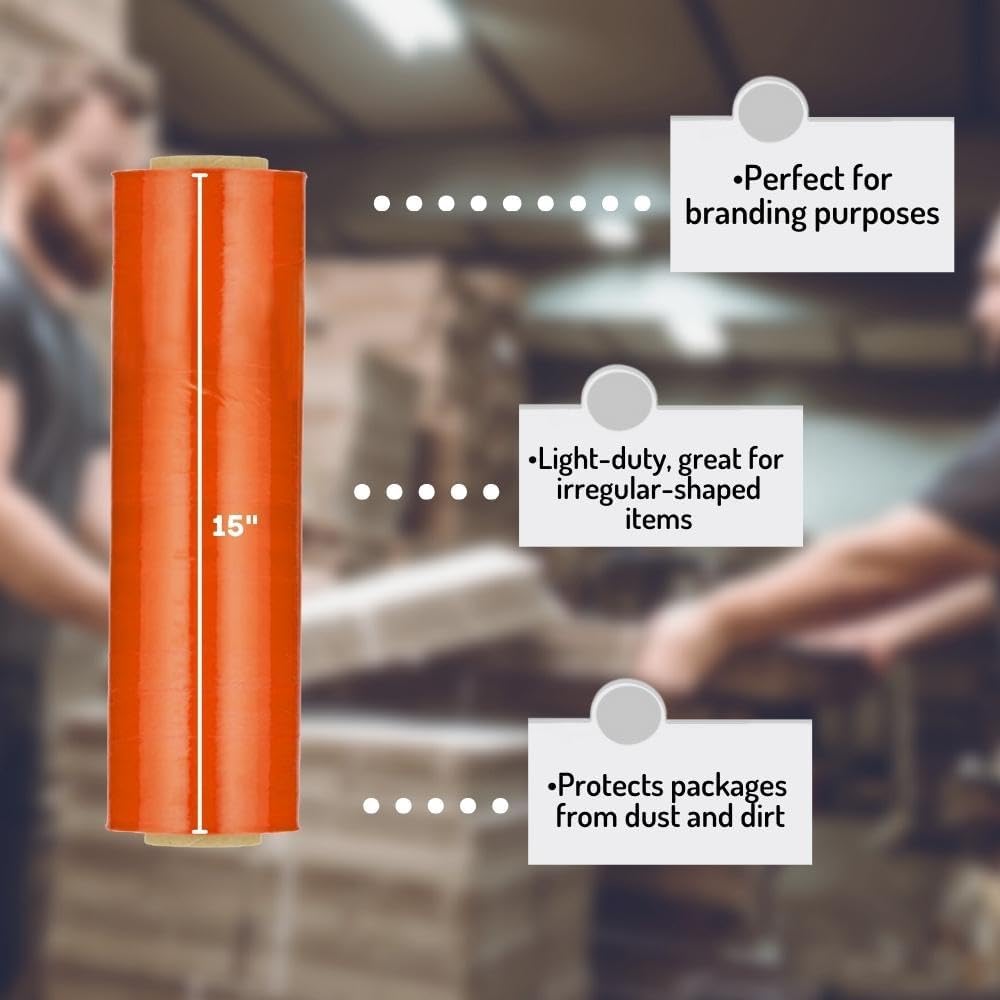 PSBM Orange Stretch Wrap, 15 Inch x 1476 Feet, 4 Pack, Tinted Pre-Stretched Shrink Wrap Film for Moving, Packaging, Pallet Wrapping