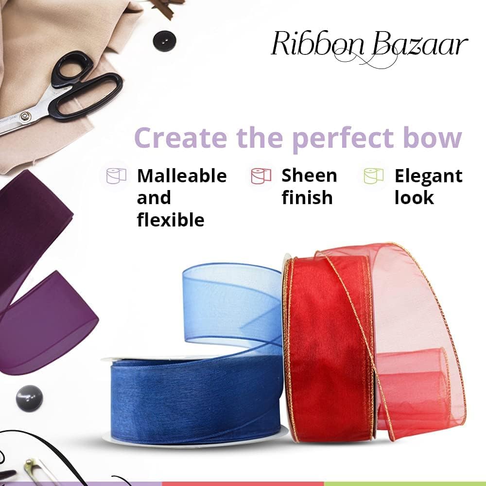 Ribbon Bazaar Sheer Organza Wired Ribbon - 100% Polyester Wire Edged Ribbon for Floral Decor, Table Arrangements, Apparel Embellishment & More - 1-1/2" Moss 25yd