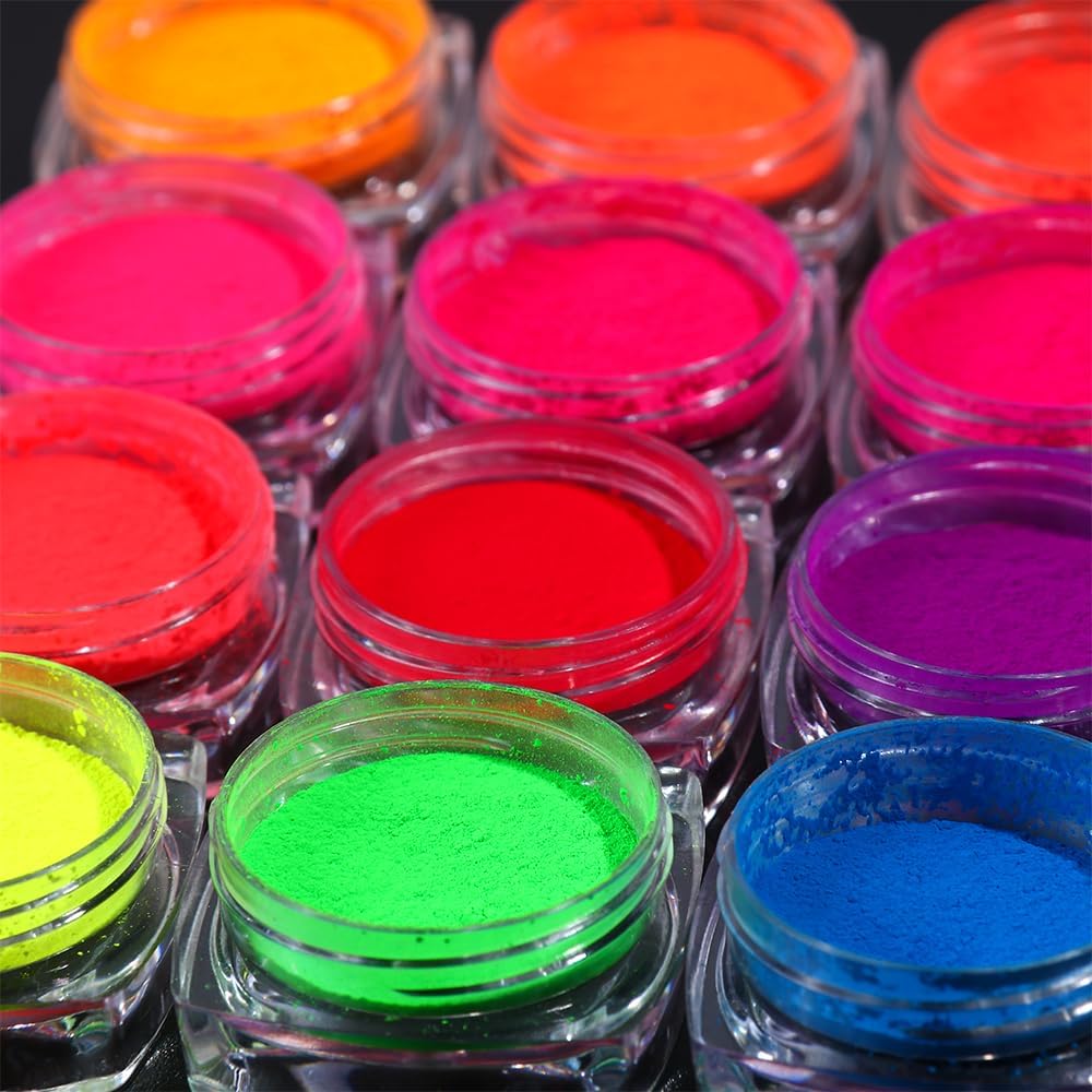 13 Colors Neon Phosphor Pigment Powder Set, Super Bright Fluorescent Nail Pigment Dust Nail Glitter for Gradient Iridescent Gel Polish Nail Art Decoration, Resin Craft