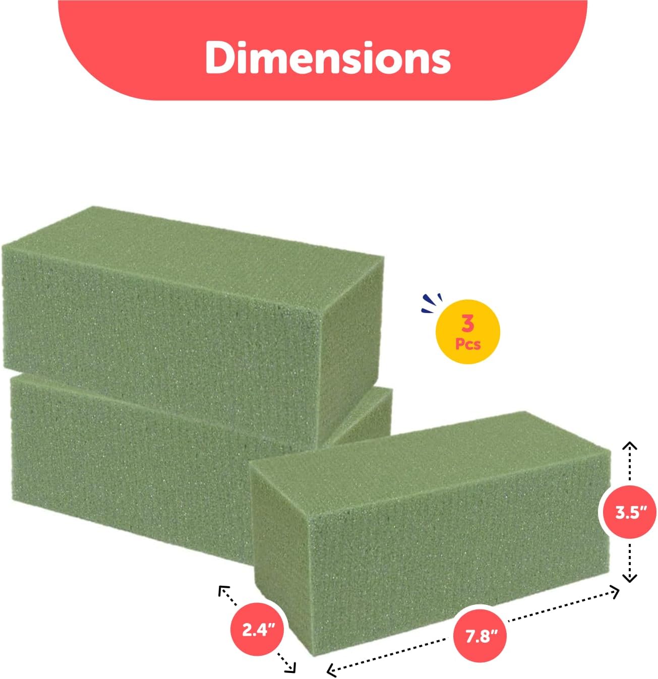Premium Dry Floral Foam Blocks (3ct) - Green Foam for Flower Arrangements - Styrofoam Block for Artificial Flowers and Plant Decoration, Great for Crafts, Green Foam Bricks, Florist Foam Brick/Block