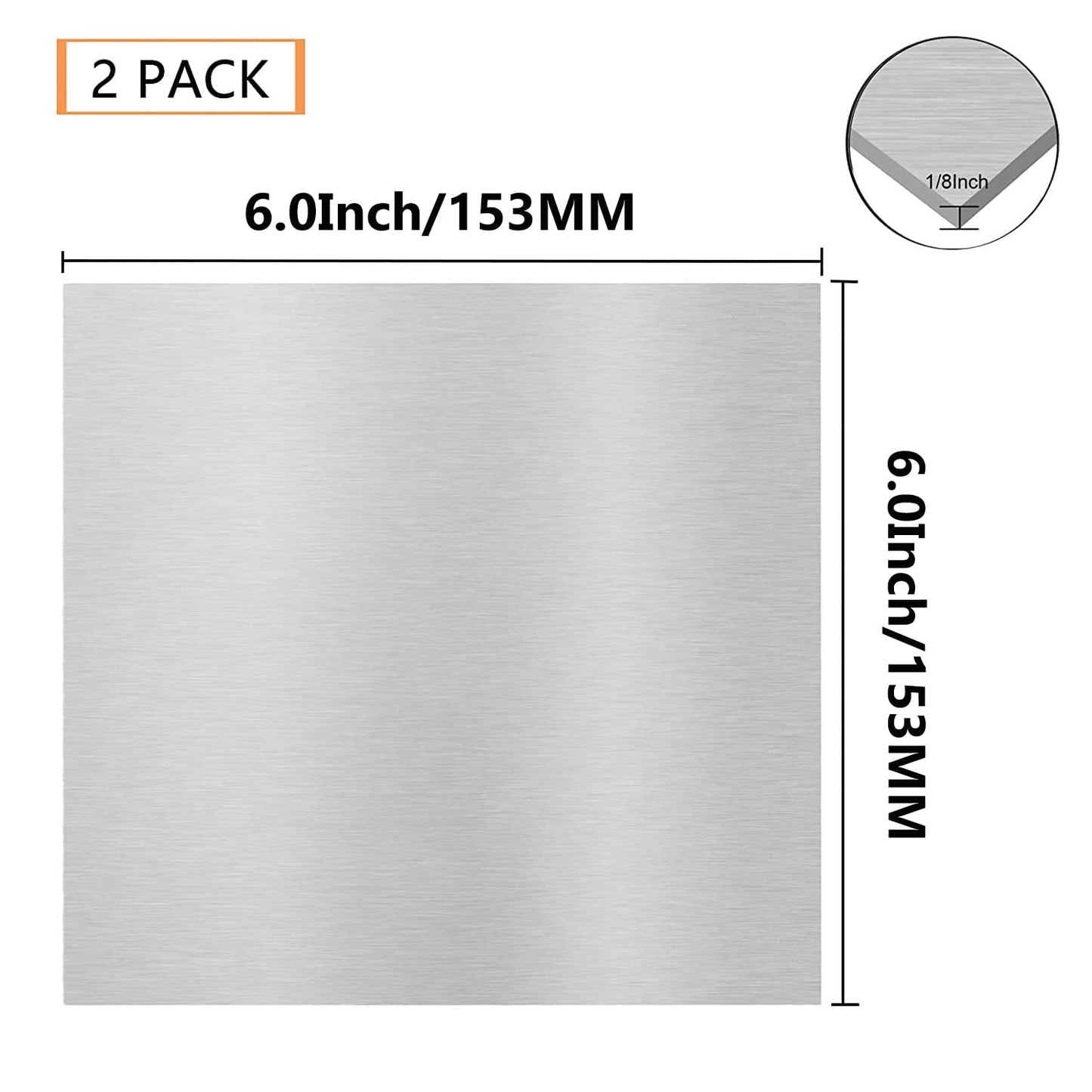 2Pack 6061 T651 Aluminum Sheet Metal 6 x 6 x 1/8 (0.125”) Inch Flat Plain Aluminum Plate Covered with Protective Film, Heat Treatable Rectangle Aluminum Metal Plate for Crafting, DIY, 3mm Thick