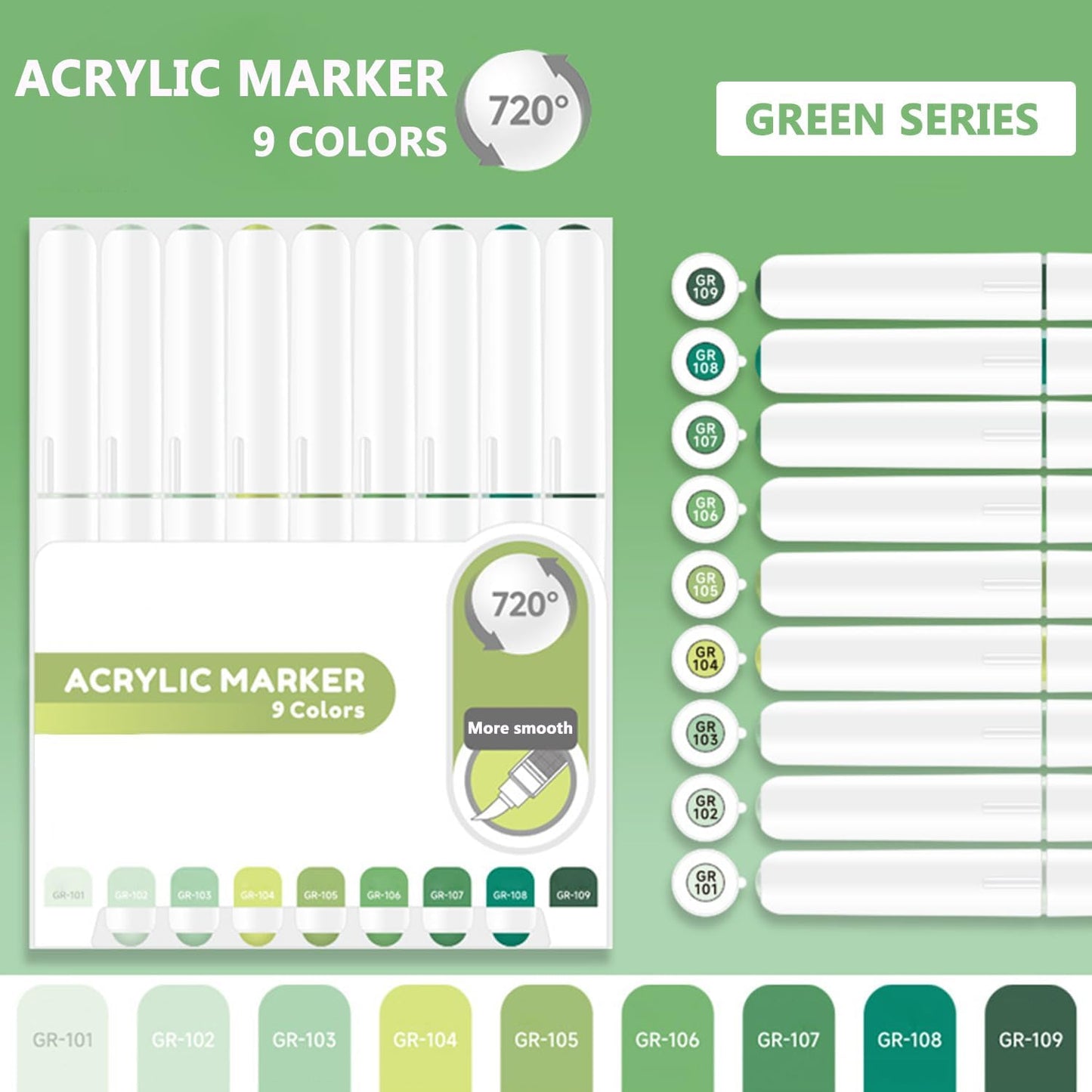 Water Based Acrylic Paint Markers Green, 9 Colors Acrylic Paint Pens Set with Soft Brush Tip, Marker Pen for Rock Painting, Egg, Wood, Glass, Paper, Mugs, Acrylic Painter Ink (Green Series)