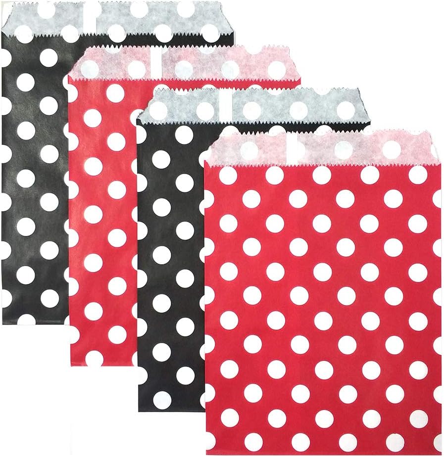 KEYYOOMY 100 Pcs Red and Black Candy Buffet Bags Small Cookie Bag Polka Dot Paper Treat Bag for Wedding Birthday Party (5 inch x 7 inch)