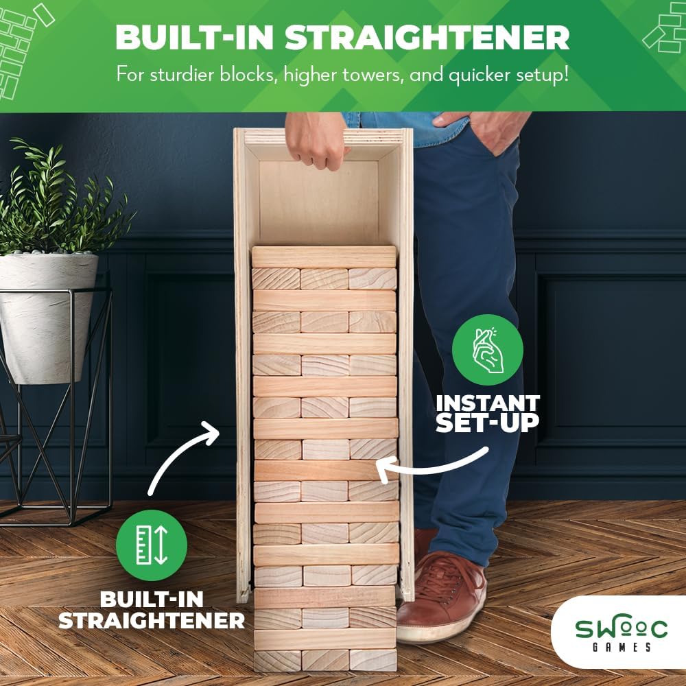 SWOOC Games® - Giant Tower Game with 3-in-1 Straightener, Table & Storage Box - 90% Faster Set Up with Transforming Box & Straightener - Starts at 2-4ft - Grows to Over 6ft - Large Outdoor Yard Games