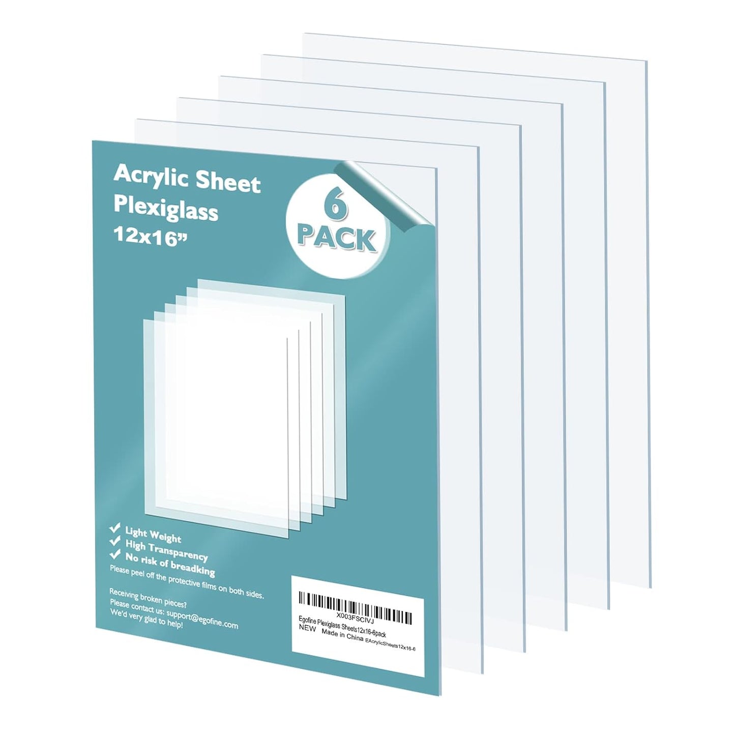 Egofine Plexiglass Sheets 6 Pack of 12x16’’ 0.04 Thick Clear Plastic Cast Transparent Plexi Glass Acrylic Sheets for Crafting Projects, Replacement Picture Frame Glass, DIY Display, Easy to Cut