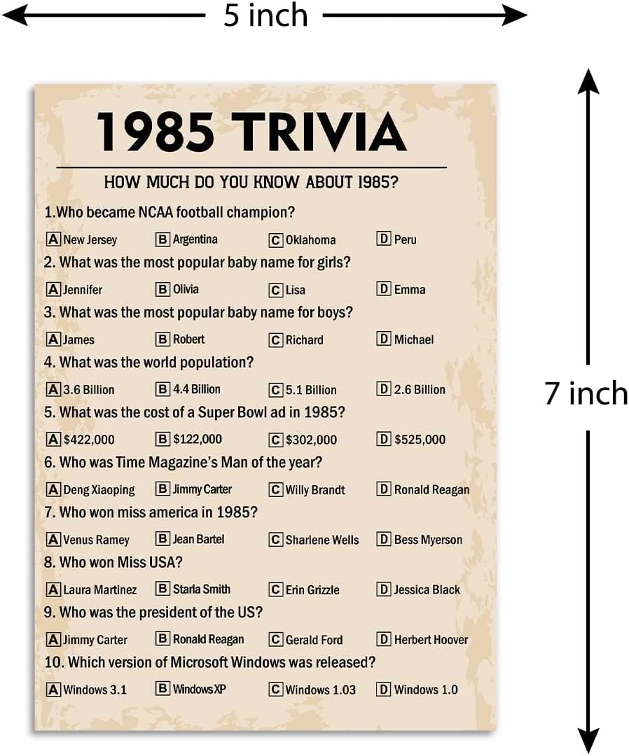 40th Birthday Party Games, 1985 Trivia Games, Birthday Party Supplies for Adults, Fun 1985s Party Game，Pack of 30 Cards