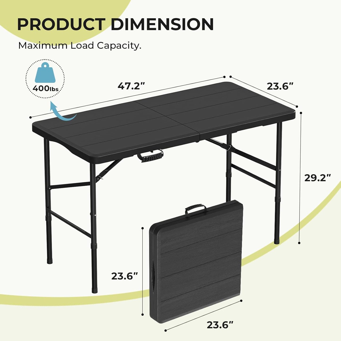 4Ft Folding Table Adjustable Height Portable Folding Tables Heavy Duty 400 lbs Capacity, Wood Grain Tabletop for Working Meeting Parties, Picnic, Camping, Weddings, Garden Dining-Black