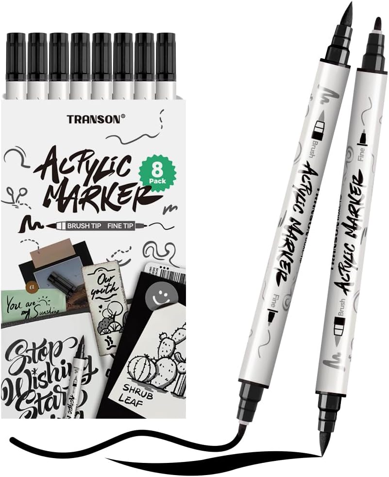TRANSON 8 Pack Black Brush and Fine Dual-tip Acrylic Paint Marker for DIY Glass Canvas Wood Leather Ceramic Rock Painting