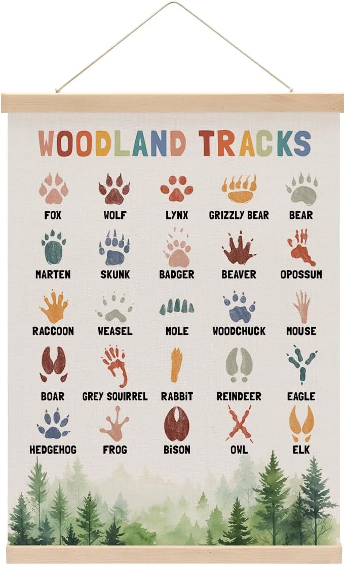 Boho Animal Woodland Tracks Poster Hanger, Forest Jungle Animals Nursery Decor Wall Decor, Paw Print Educational Posters Country Wall Art Wall Hanging Banner Farmhouse Home Playroom Baby Room Decor