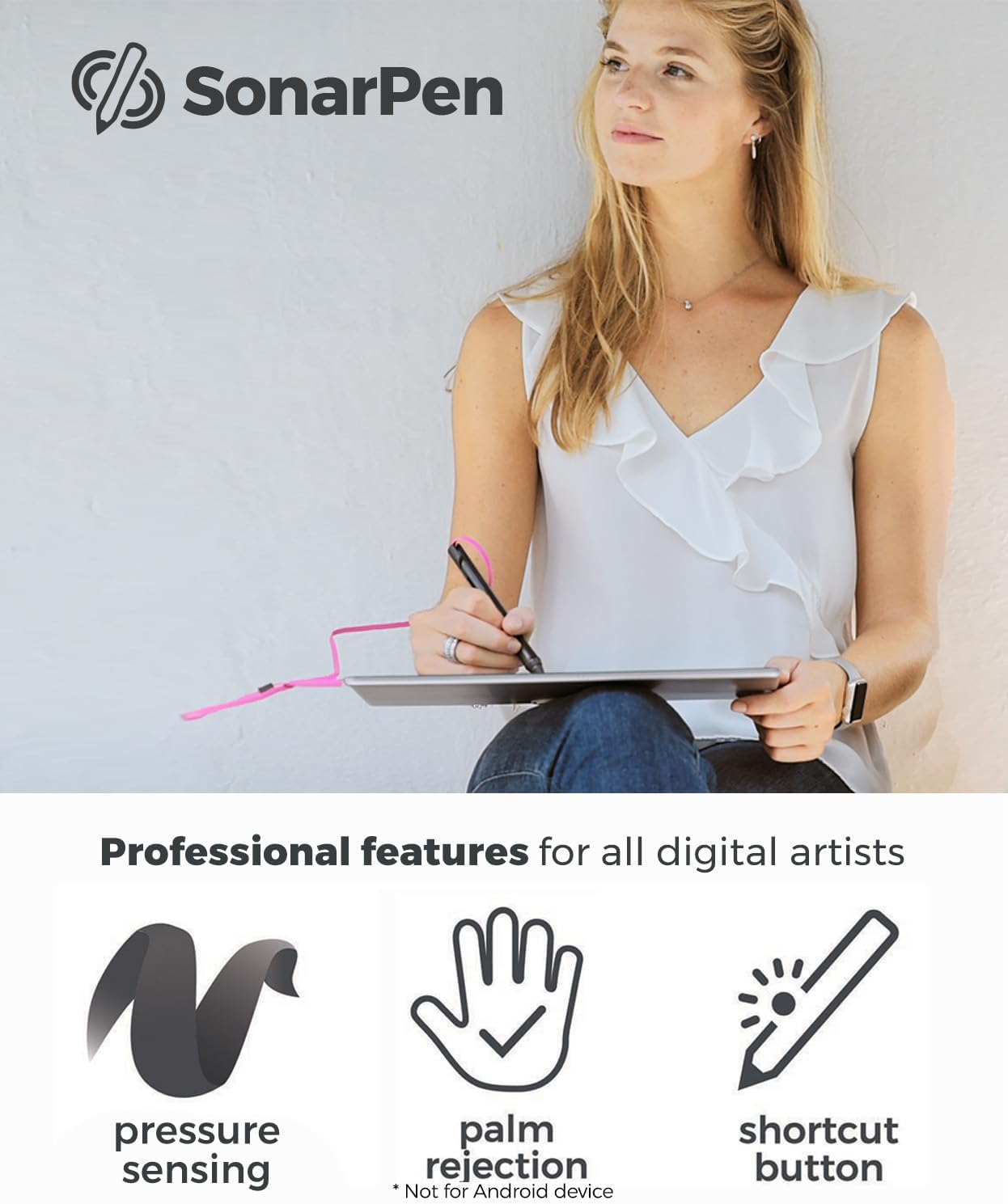 SonarPen - Pressure Sensitive Smart Stylus Pen with Palm Rejection and Shortcut Button. Battery-Less. Compatible with Apple iPad/iPhone/Android/Switch (White)