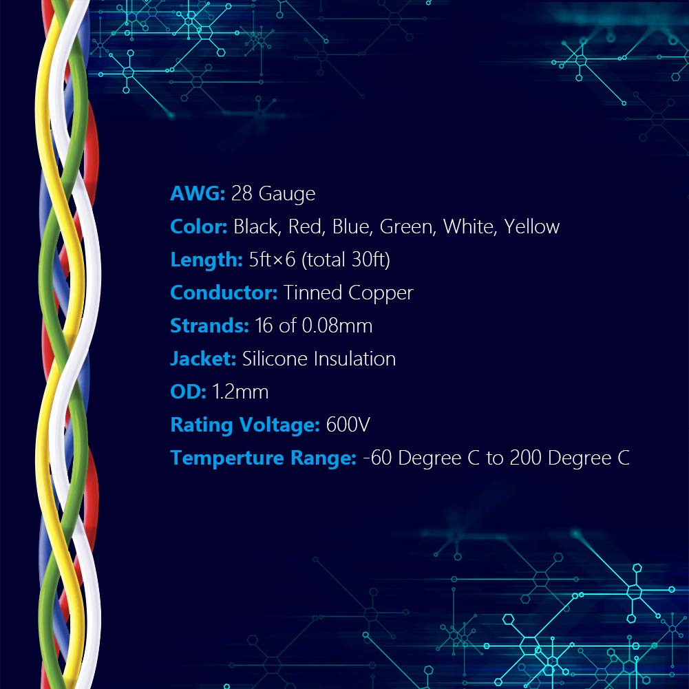 Fermerry 28 AWG Stranded Wire Spool 5ft Each 6 Colors Flexible 28 Gauge Silicone Hook up Wire Kit Electrical Tinned Copper Wire