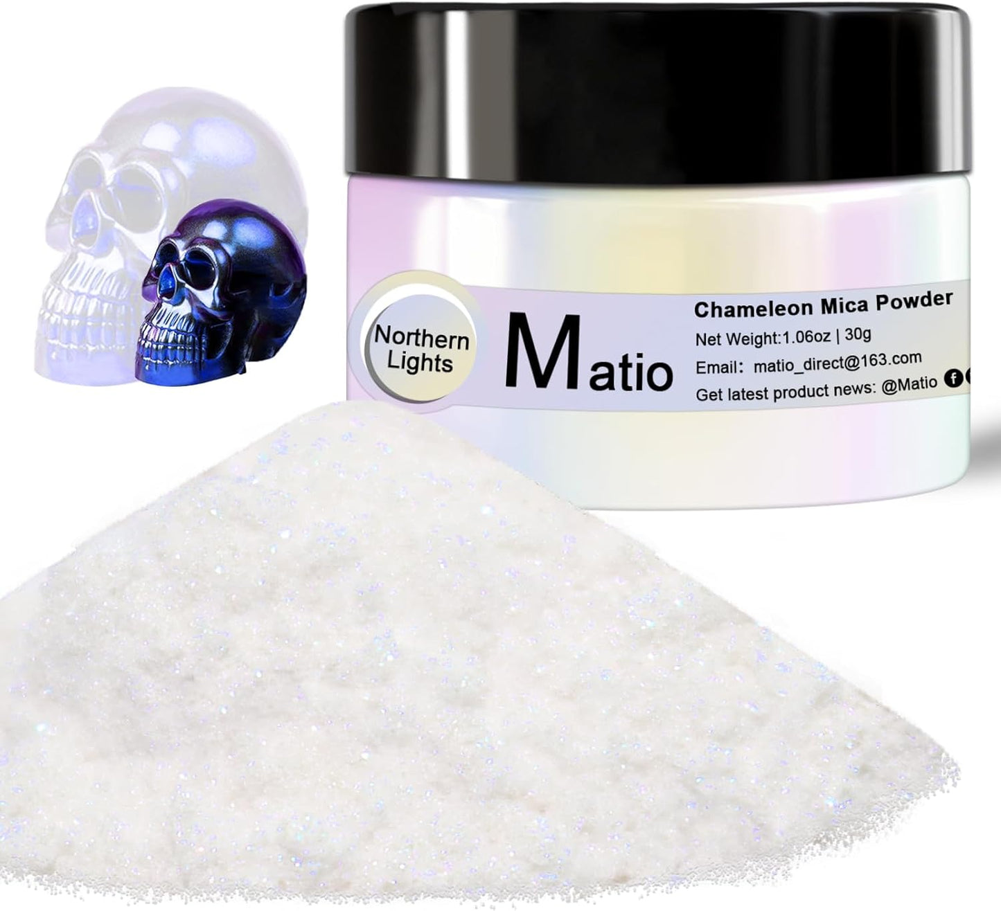 Matio Chameleon Mica Powder, 1.06oz/ 30g Northern Lights White Chrome Powder, Pearlescent Effect Color Shift Pigment for Resin Craft, Soap Candle Dye, Nail Art, Makeup,Bath Bomb,Paint,Slime Pigment