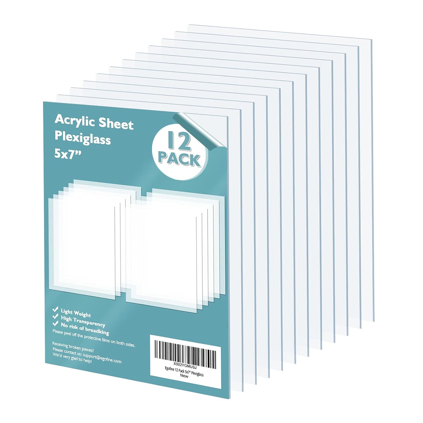 Egofine Plexiglass Sheets Acrylic Sheets 12 Pack of 5x7’’ 0.04 Thick Clear Plastic Cast Transparent Plexi Glass for Crafting Projects, Replacement Picture Frame Glass, DIY Display, Easy to Cut