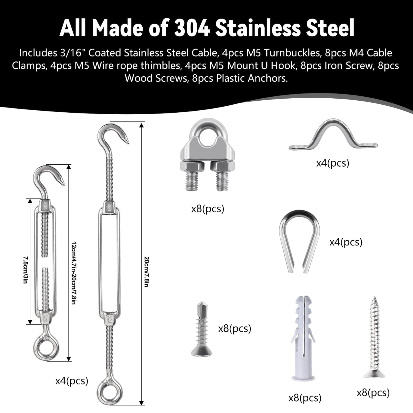 3/16" Sunshade Sail Hardware Kit, Turnbuckles for Cables Wires, PIUM PVC Coated Wire Rope Kits, 100Ft Stainless Steel Cable for Clothes Line Wires, String Light Hanging and Garden Plant Trellis