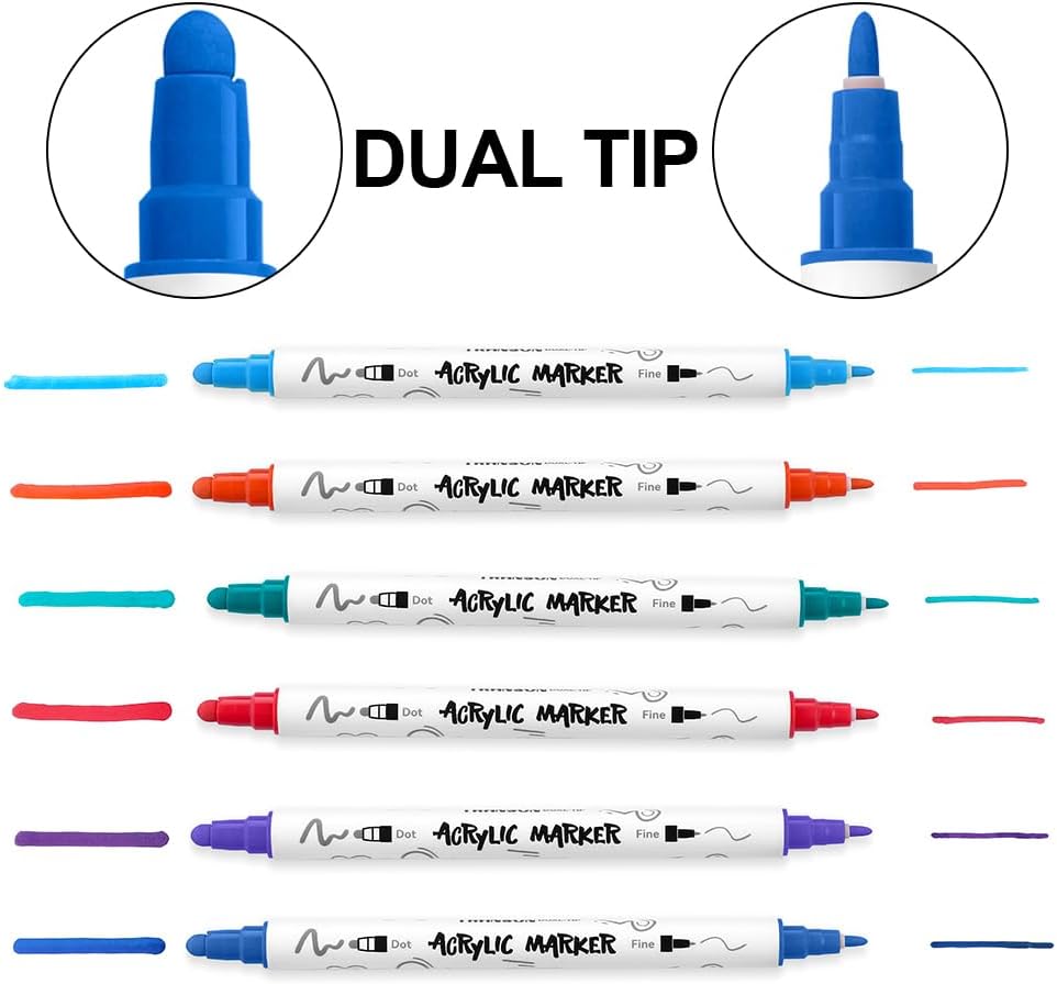 TRANSON 24 Color Bold and Fine Dual-tip Acrylic Paint Pen Set for Canvas Rock Wood Leather Ceramic DIY Painting