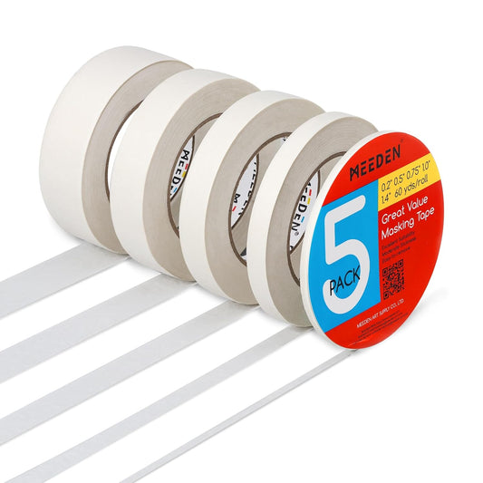 MEEDEN 5 Packs White Artist Tape, 0.2" 0.5" 0.75" 1.0" 1.4" x 60 Yard, Multi-Sized Masking Art Tape, Acid-Free Painters Tape for Painting Drafting Framing, General Purpose for Craft, Office, School