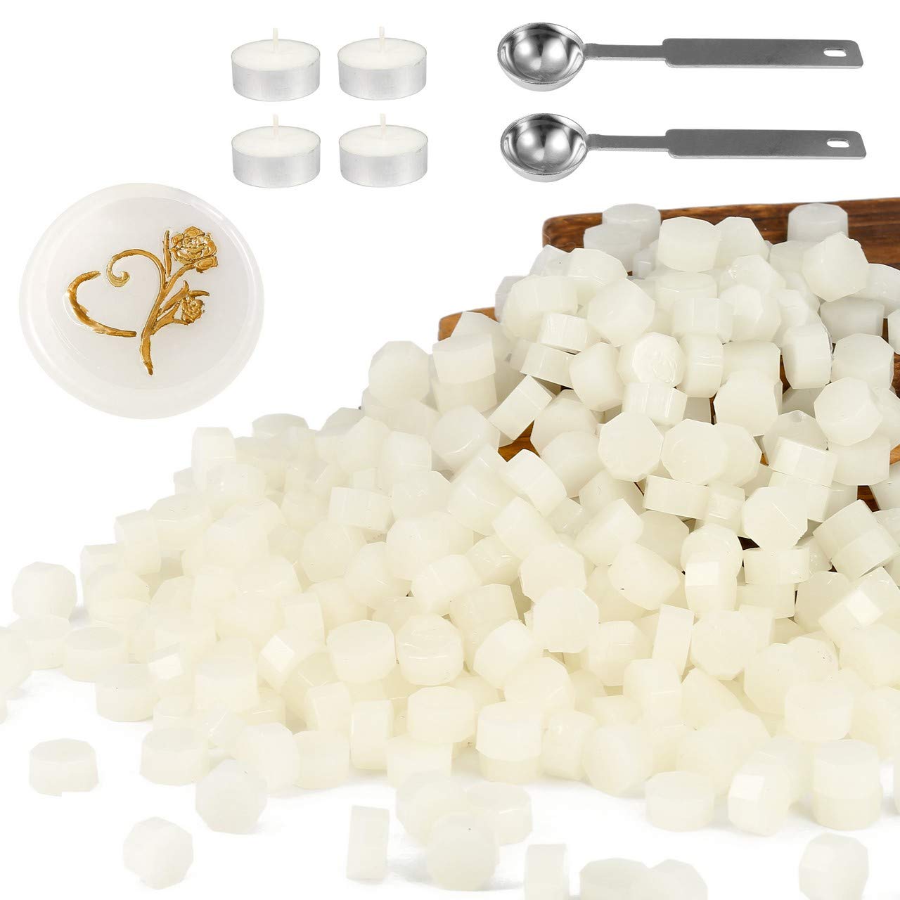 Yoption 360Pcs Cream White Sealing Wax Beads with 2 Spoons and 4 Tea Candles for Wax Seal Stamps, Cards, Wedding Invitations, Wine Packaging, Gift Wrap, Envelopes