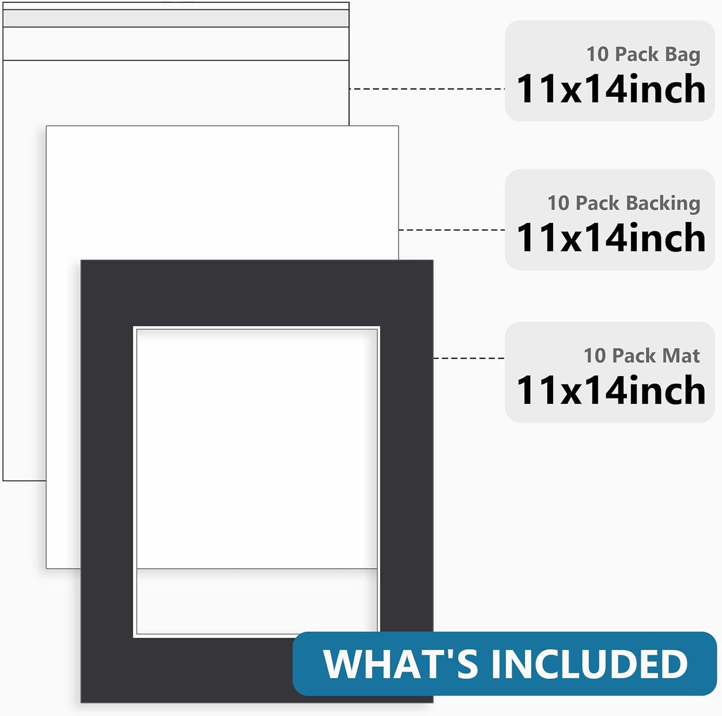 Somime 10 Pack 11x14 Black Picture Mat Kit for 8x10 Photo with White Core Bevel Cut Mattes Sets - Includes 10 Acid Free Pre Cut Mats & 10 Backings & 10 Print Sleeve Bags