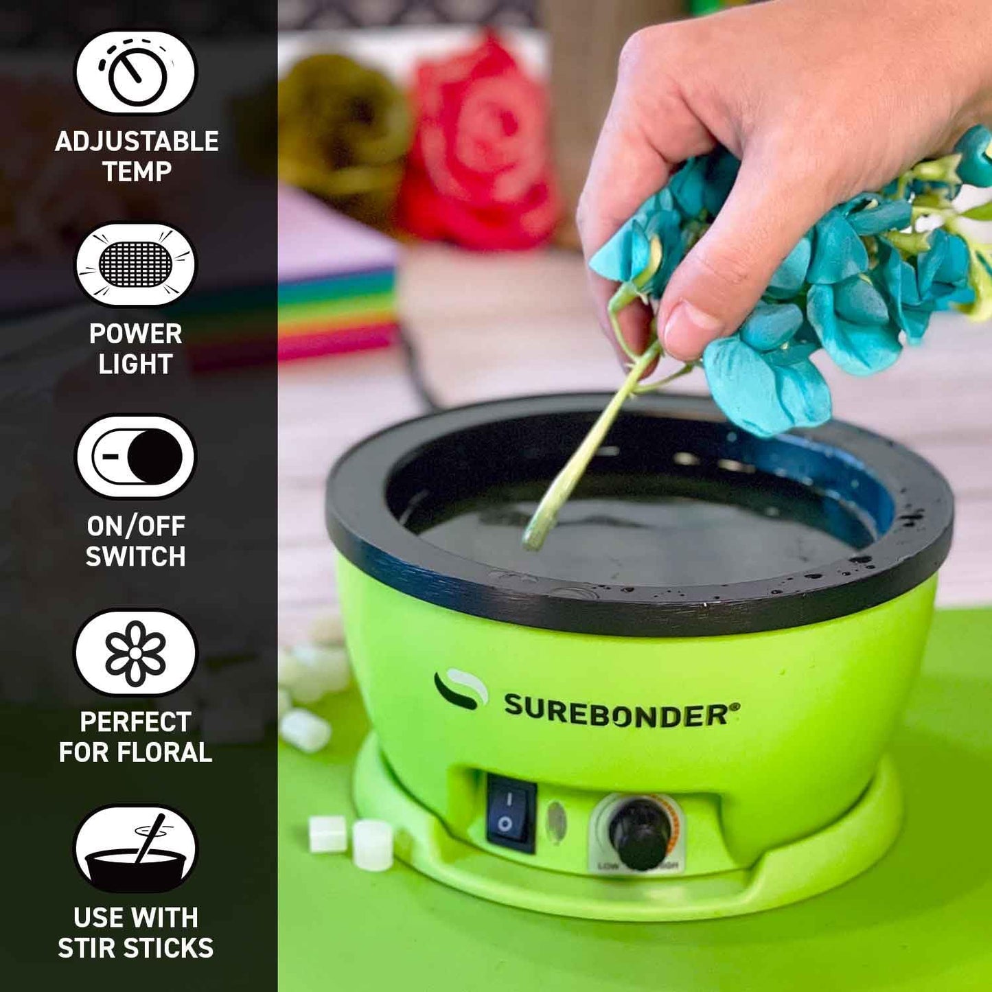 Surebonder 803 Electric Hot Glue Skillet, Adjustable Temperature 225-400°F, 5.25-Inch Diameter, 1-Inch Depth, Dip Crafts Directly Into Pot of Hot Glue, Green and Black