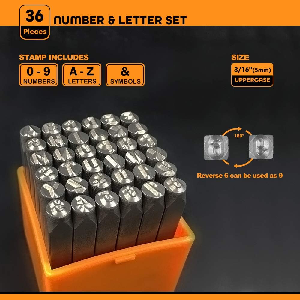 OWDEN Professional 36Pcs. Steel Metal Stamps Set,(3/16”) 5mm,Steel Number and Letter Punch Set,Alloy Steel Made HRC 58-62 for Jewelry Craft Stamping.