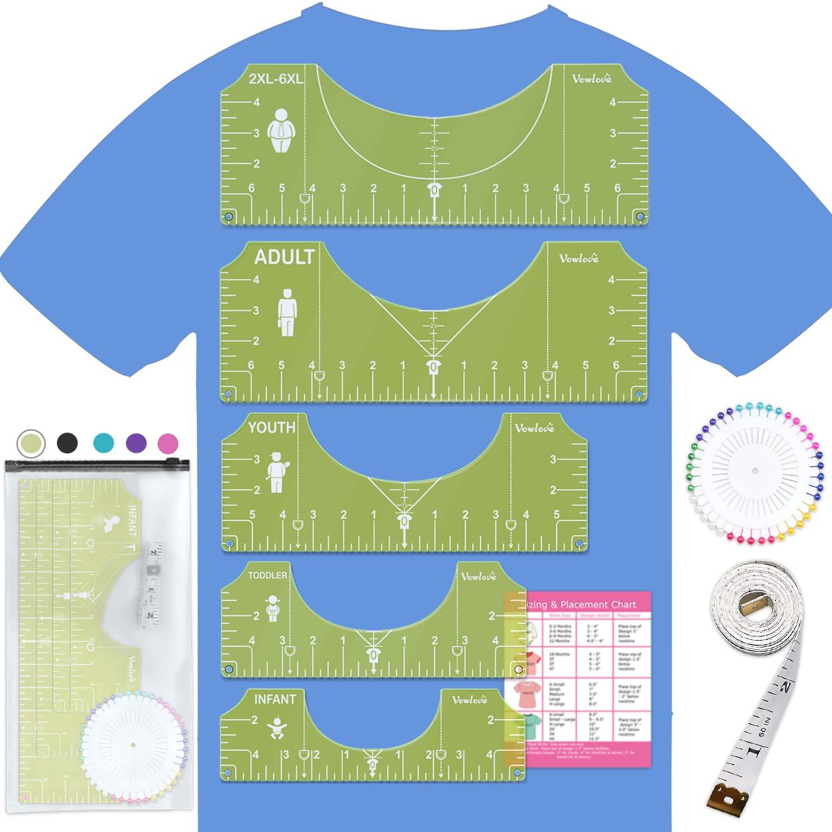 Vowlove Tshirt Ruler Guide for Vinyl Alignment - T Shirt Rulers to Center Designs Graphics Placement, Tee Shirt Measurement Ruler Heat Press Accessories Tool Sublimation Blanks HTV Heat Transfer Vinyl