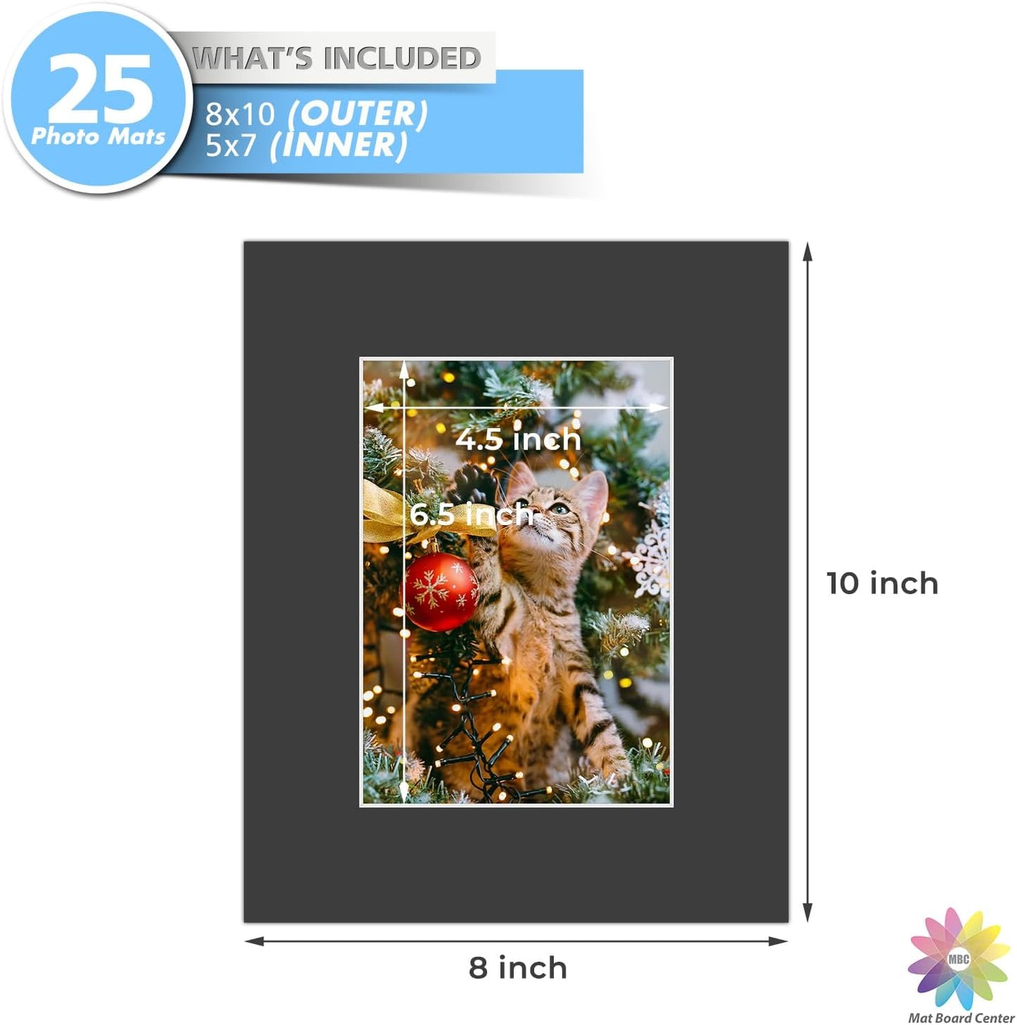 Mat Board Center, Pack of 25, 8x10 for 5x7 Black Mats - Acid Free, 4-ply Thickness, White Core - for Pictures, Photos, Framing