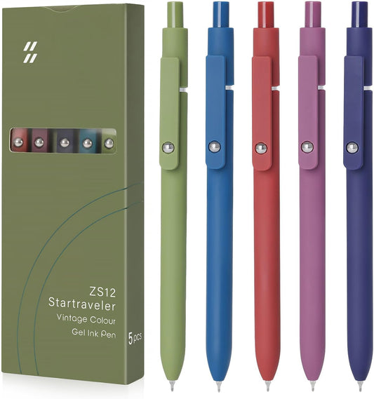 FIOVER Gel Pens, 5pcs 0.5mm Quick Dry Black Ink Fine Point Smooth Writing Pens High-End Series Ballpoint for Office School Supplies(Retro color)