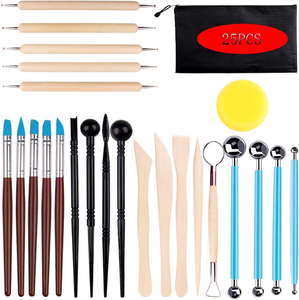 Clay Tools for Pottery Ceramic Sculpting, Yagugu 25Pcs Basic Wood Ceramics Carving Polymer Clay Tool Supplies kit Accessories for Kids, Adults and Artists Modeling Shaping Building for Art&Craft