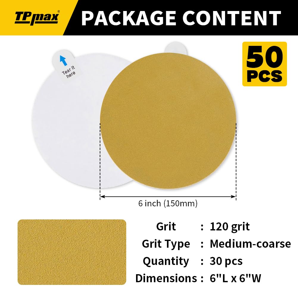 6-Inch 120-Grit Gold PSA Sanding Discs, 50 Pack – Pro-Grade Self-Adhesive Stickyback Sandpaper with Quick-Release Tabs for DA Sander, Medium-Coarse Automotive/Wood/Metal Sanding
