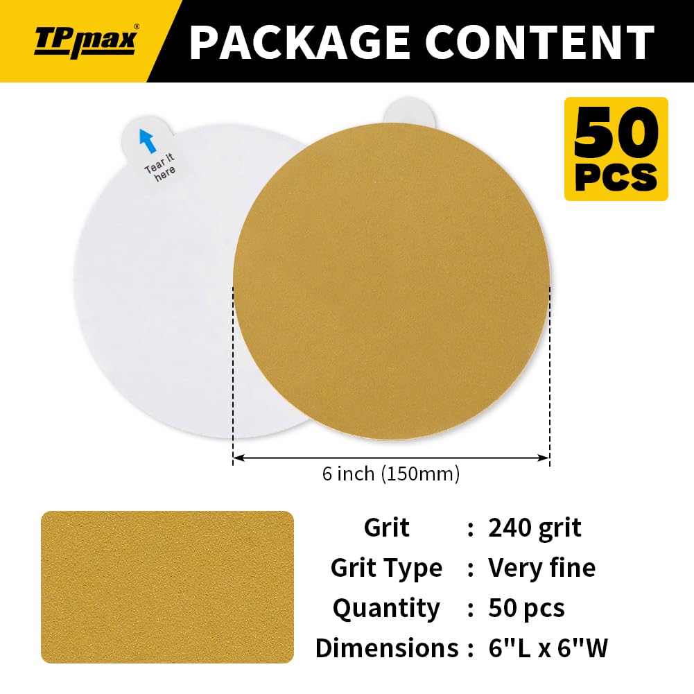 6-Inch 240-Grit Gold PSA Sanding Discs, 50 Pack – Pro-Grade Self-Adhesive Stickyback Sandpaper with Quick-Release Tabs for DA Sander, Very Fine Automotive/Wood/Metal Sanding