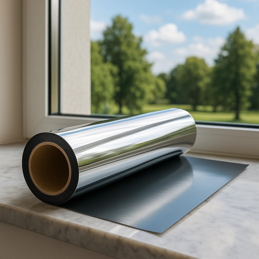 Rockrose Professional Window Tint for Home – One Way Privacy Window Film for Home Offices Heat Blocker Reflective Adhesive Mirror Tint with 99% UV Block – Black-Silver 24in x 100FT