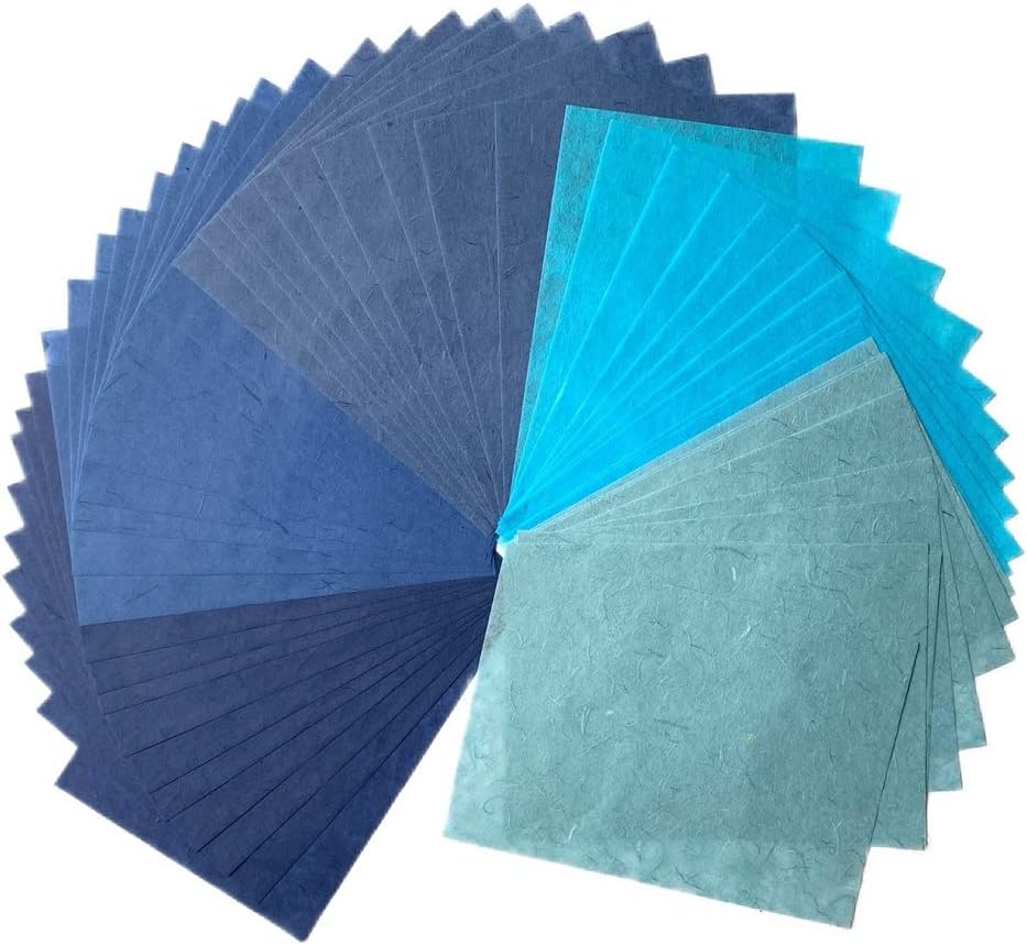 50 Sheets A4 Natural Fiber Mulberry Tree Mulberry Paper Sheets Art Tissue Washi Paper Design Craft Art Origami Suppliers Card Making DIY Crafts (Bule Tone, A4)