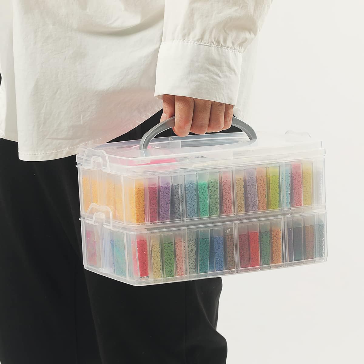 Douorgan 2-Tier Diamond Painting Storage Containers Portable Bead Organizer and Storage Box Stackable Arts & Crafts Organizers for Nail Charms Seed, 160 Rectangular, Funnel, Stickers